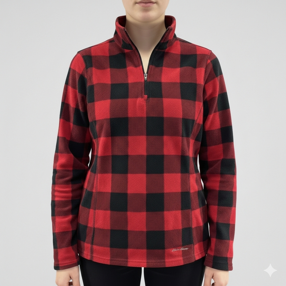 Eddie Bauer Fleece 1/4 Zip Pullover Sz L Red Buffalo Check Plaid Cabincore Warm